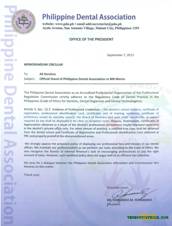 PDA Memorandum Circular : BIR with regards to displaying of fees for professionals - thedentistbook.com